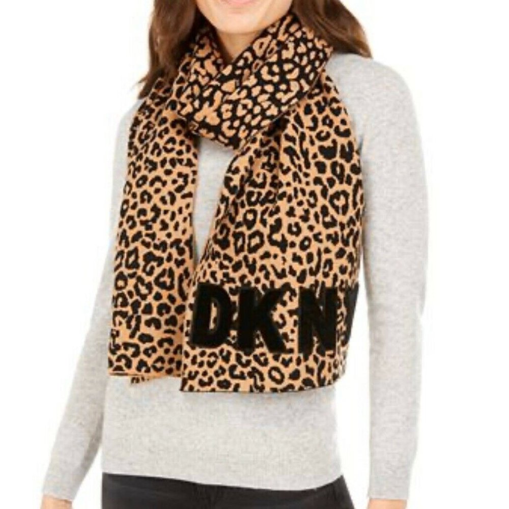 DKNY Knit Scarf Logo Leopard Animal Print